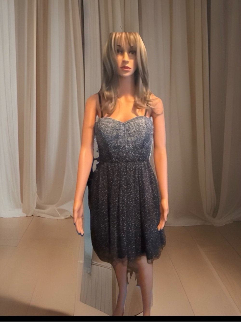 BCBG Max Azria Black Tulle Fit & Flare Dress Polka Dot Mesh Sweetheart Size S